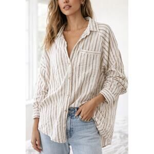 Uncharted Threads Linen Blend Long Sleeve Striped Cover Up Shirt Tan White Large
